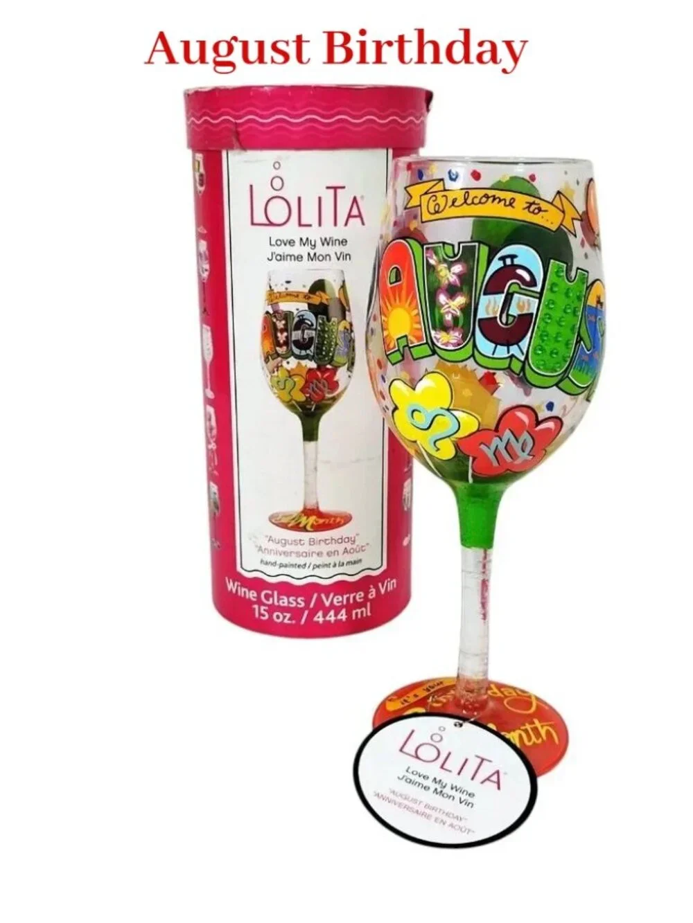 Lolita Painted Wine Glass Rhinestones August Birthday